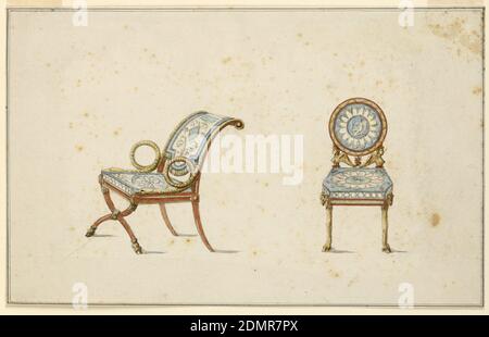 Design pour deux chaises, Jean Démosthène Dugourc, français, 1749–1825, pinceau et aquarelle, stylo et encre noire, graphite sur papier blanc, gauche, fauteuil en forme de curule caractérisé par des pieds avant en forme de x, se terminant en sabots de chèvre. Accoudoirs en forme de serpents spiralés, dossier incliné. Tissus bleus et blancs, motifs classiques. Droite, chaise latérale, arrière circulaire soutenu par des bustes de Harpies, avec palmette centrale. Jambes sous forme de pattes de chèvre, tête de chèvre au genou de la chaise. Capitonnés en bleu et blanc, médaillon au dos de la chaise montrant des figures à ailes classiques., France, Allemagne, 1790 Banque D'Images