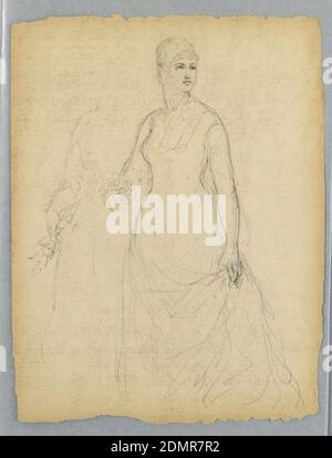 Croquis pour le portrait d'une femme debout, Daniel Huntington, américain, 1816–1906, Graphite sur papier, femme debout avec des fleurs dans sa main droite et sa jupe tenue dans sa main gauche. Elle regarde vers la droite. Sa main droite répète, à gauche. Verso : mains croisées sous les poignets avec les bras inférieurs illustrés. A droite, en bas à droite. Nom, en bas à gauche., Etats-Unis, 1879, figures, dessin Banque D'Images