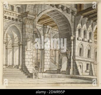 Stage Design, Palace Interior, stylo et encre marron, pinceau et encre grise sur papier, rectangle horizontal. Vue sur les halls avec escaliers dans le palais gothique. Figure masculine dans Middleground., Italie, fin du XVIIIe siècle, théâtre, dessin Banque D'Images