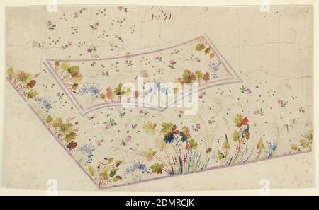 Motif pour gilet brodé, motif 1691 de la fabrique de Saint-RUF, Mademoiselle Baulieu, pinceau et gouache sur papier ponté, le bas gauche est illustré. Les plantes et les feuilles poussent des bords du gilet et des bords latéraux et inférieurs du rabat de la poche. Les champs montrent des petits creux de roses et des motifs de points., France, ca. 1785, broderie et couture, dessin Banque D'Images