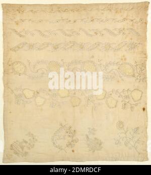 Sampler, Medium: cotton, linen Technique: embroidery, needle lace, cutwork on plain weave foundation, White on white sampler with six floral borders of graded widths., Mexico, ca. 1830, embroidery & stitching, Sampler Stock Photo