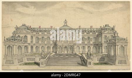 Élévation d'une façade de jardin pour un petit palais français, stylo et encre, pinceau et aquarelle, graphite sur papier, UN escalier mène à une terrasse, dont les extrémités de projet. Maison de deux étages et un mansarde. La section centrale et les ailes courtes projettent. La plupart des fenêtres sont ouvertes sous le soleil et des ombres portées., France, 1700-1720, dessin Banque D'Images