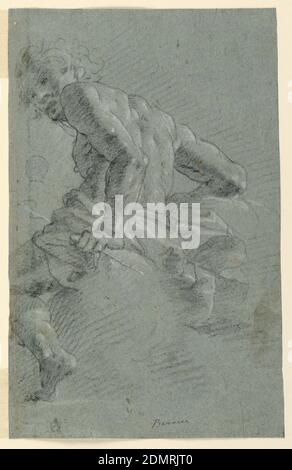 Etude de Hermes, Etude préparatoire pour la chute des géants, Fresco plafond au Palazzo Moroni, Bergame, Gian Giacomo Barbelli, Charcoal, pinceau et blanc sur papier gris-bleu, assis figure mâle vue de derrière, assis sur un nuage, tournant pour regarder vers l'extérieur le spectateur, Italie, 1649, figures, dessin Banque D'Images