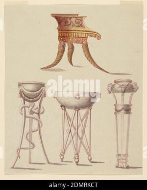 Chaise et trois trépieds, stylo et encre rose, marron, ocre, lavage gris, traces de craie rouge support: Papier blanc, Rome, Italie, ca. 1790, mobilier, dessin Banque D'Images