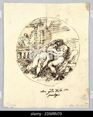 Ulysses et Penelope s'embrassant, Felice Giani, italien, 1758–1823, encre de plume et brune sur des traces de graphite et de craie noire sur du papier crème, Ulysses et Penelope montrés assis au moment de la projection. Cupidon vole loin. Sur Verso: Joyau de lozenge encadré au centre. Illustration latérale, palmettes à défilement et au-dessus et au-dessous des fleurs., Italie, 1800–1820, figures, dessin Banque D'Images