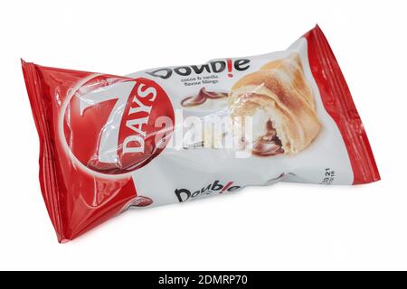 PULA, CROATIA - DECEMBER 10, 2020: 7days croissant with cocoa and vanilla cream filling produced and manufactured by Chipita. Stock Photo