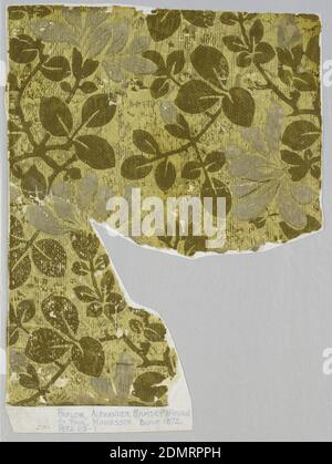 Sidewall - fragment, Machine-printed, Pattern of metallic gold foliage with gray blossoms (faded white) on yellow ground embossed to imitate a fabric weave. Aesthetic or anglo-Japanesque in style., ca. 1880, Wallcoverings, Sidewall - fragment Stock Photo