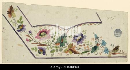 Design pour un gilet de costume, différentes gouaches sur papier, Design pour la broderie de la partie inférieure gauche du gilet d'un homme. Gilet de costume et poche avec bordure lilas. Les creux de fleurs sont représentés dans l'intervalle., France, 1780-1790, dessin Banque D'Images