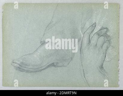 Etude pour 'The Atlantic Cable Projectors', Daniel Huntington, cuisine américaine, 1816–1906, Graphite, craie blanche sur papier vélin bleu, Centre, un pied à bottes. Droite, une drapery de droite. Verso: A booté foot., USA, USA, 1894, figures, dessin Banque D'Images