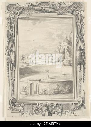 Etude pour le molleton de Gideon, planche 375, Physica Sacra, Johann Melchior Füssli, Suisse, 1677–1736, Christian Ulrich Wagner, allemand, 1686–1763, pinceau et gris, lavage noir, stylo et brun, encre noire sur papier crème, UN homme se tient à l'intérieur d'une structure circulaire en plein air, avec ses bras levés devant lui et un molleton, ou la couverture laineux de ce qui semble être un mouton, à ses pieds. Un paysage montagneux parsemé d'arbres et de bâtiments peut être vu au loin. La photo est entourée d'un cadre onamnté élaboré composé de formes naturelles, y compris le blé et les feuilles Banque D'Images