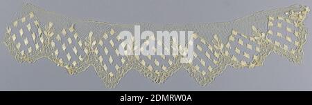 Border, Medium: silk Technique: bobbin lace, white silk, White lace border with a pointed, scallop edge showing a geometric design of small squares of heavy silk arranged in diamond-shaped areas., France/Belgium, 19th century, lace, Border Stock Photo