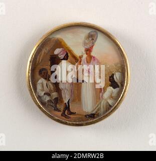 Button, Gouache paint on tin verre fixé, ivory (backing), glass, gilt metal, Button depicting scene of four figures outside before a thatched hut. At center, a man in striped pants and white shirt faces a woman in a dress with a pink scarf who smells a flower. Seated man and woman on either side stare up at central couple., late 18th century, costume & accessories, Decorative Arts, Button Stock Photo