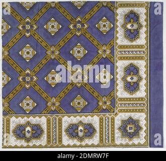 Echantillon d'écharpe, Moyen : technique de soie : bloc imprimé sur un tissu Uni, quartier d'une écharpe imprimée en violet, jaune et noir. Bordure de motif géométrique compartimenté et champ avec quadrillage diamant, France, milieu du XIXe siècle, tissus imprimés, teints et peints, échantillon d'écharpe Banque D'Images