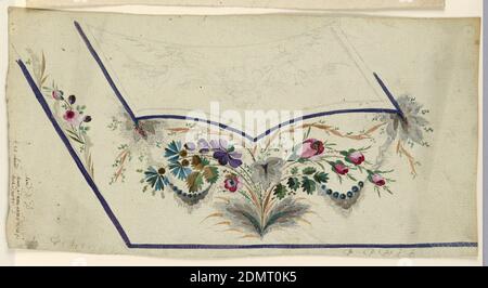 Motif pour la broderie d'un gilet de costume d'homme, tracé, graphite, pinceau et gouache sur papier, motif non fini pour le coin inférieur gauche d'un gilet de costume d'homme. Grande plante sous la poche. Auges roses et feuilles le long du front montant., France, 1790–1800, dessin Banque D'Images