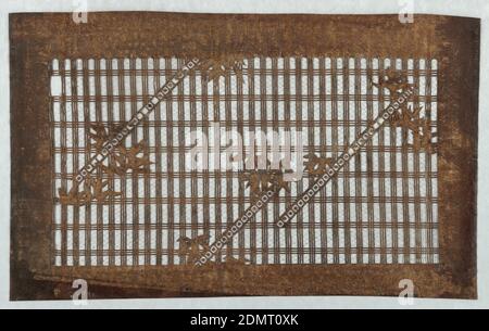 Motif bambou sur treillis, papier mûrier (kazo washi) traité avec du tanin de persimmon fermenté (kakishibu), Et des fils de soie (itoire), des branches de feuilles de bambou sur un tritreillis armure contient également des traces de fils (kanoko) des fils de soie ont été ajoutés pour soutenir la structure de pochoir., Japon, milieu du XVIIIe - début du XIXe siècle, des dessins textiles, Katagami, Katagami Banque D'Images