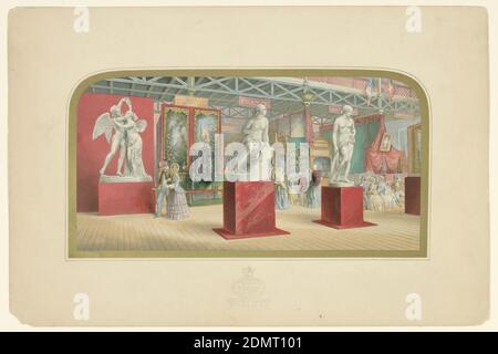 Baxter' Print: GEMS of the Great Exhibition of 1851, Gem No.1, George Baxter, 1804 – 1867, Lithographie, avec des encres à base d'huile imprimées par des blocs de bois, bordures en or support: Papier vélin blanc déposé sur papier vélin blanc, intérieur, département français; statuaire:'sabrina', centre; 'psyche,' gauche; 'A Nymph, droite. Haut voûté monté en bordure d'or, Angleterre, Angleterre, 1852, architecture, Imprimer Banque D'Images