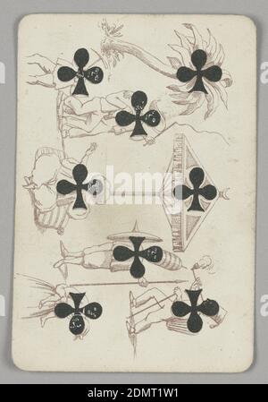 Eight of Clubs, E. le Tellier, français, actif fin du XIXe siècle, B.P. Grimaud, Paris, France, Lithographie sur papier, huit cartes à jouer de clubs à partir d'un lot de cartes à jouer de transformation. Verticalement, un groupe de figures africaines dans un paysage exotique, un palmier en haut à droite et un parapluie surmonté d'un croissant de lune au centre. Les symboles des clubs noirs utilisés pour représenter les figures de blackface, quelques figures stéréotypées montrées, y compris un mammy en bas à gauche. Les traits du visage sont surlignés en blanc. Paris, France, fin du XIXe siècle, jouets et jeux, cartes à jouer Banque D'Images