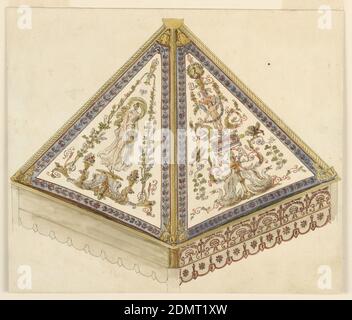 Projet pour une toile, stylo et encre, pinceau et gouache de couleur de l'eau, graphite sur papier, deux sur huit côtés sont présentés à l'intérieur. Supporté par des pôles, dont le haut de l'un est montré. Leurs capitales sont reliées par une frise avec une bordure de crête à partir de laquelle les lambrequins sont suspendus. La gauche de l'un des triangles supérieurs montre une fille portant un panier de fleurs sur un piédestal. Un candélabrum décorera le droit, y compris des cygnes, un paon et d'autres oiseaux, et un puto tenant une guirlande., France, ca. 1785, ornement, dessin Banque D'Images