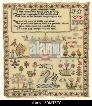 Sampler, Isabella Campbell, Scottish, Medium: Broderie de soie et de laine sur la fondation de laine technique: Brodés en croix, tige, et points de satin sur la fondation de tissage simple, grand bâtiment au centre avec des fleurs, des animaux, et grand cygne au fond. Texte: 'Hail, nuit! Tu es douce ombre emblématique/ de cette période extraordinaire fixée par Dieu,/ quand l'oubli de Drear shal voile les morts,/ et la gloire être perdue sous la pelouse verte sod./ cela termine la course de l'homme faible en dessous;/ ni pow'r, Ni l'honneur, le cadre ou la jeune floraison,/ peut gagner un répit de l'effroyable coup./ la vertu de Tis ne triomphe que Banque D'Images