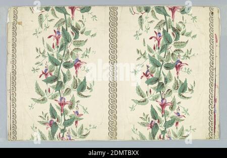 Sidewall, Machine-printed, embossed paper, Floral stripe: vertical vines separated by metallic gold vertical guilloche, on ground of white paper with embossed horizontal pin stripes., France or USA, 1850–99, Wallcoverings, Sidewall Stock Photo