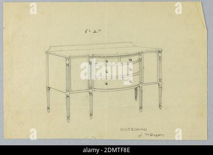 Design pour panneau latéral d'acajou, A.N. Davenport Co., Graphite sur papier crème mince, panneau latéral en acajou sur six pattes cannelées et tournées; deux tiroirs empilés verticalement dans la section centrale convexe de la façade tripartite sont surmontés par une autre paire de plus petits tiroirs disposés horizontalement; dosseret bas à l'arrière de la partie supérieure., 1900–05, mobilier, dessin Banque D'Images