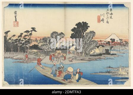 Ferry à Rokugo, dans les cinquante-trois stations de la route Tokaido (Kawasaki, Rokugo Watashi-bune Tokaido Gojusan Tsugi-no Uchi), Ando Hiroshige, japonais, 1797–1858, impression de blocs de bois à l'encre colorée sur papier, cinq passagers et l'homme qui rame le bateau naviguent sur la rivière Tama. Le rivage de Kawasaki montre d'autres marchands et le genre qui attendent de monter à bord du bateau. Sur le côté gauche se trouve un homme solitaire vêtu de rouge, debout sur une grande pile de bambou. Derrière les figures se trouvent les hauts des bâtiments et des maisons. Loin en arrière-plan se trouve Mt. Fuji sur le côté droit, entouré de traînées de nuages rouges Banque D'Images