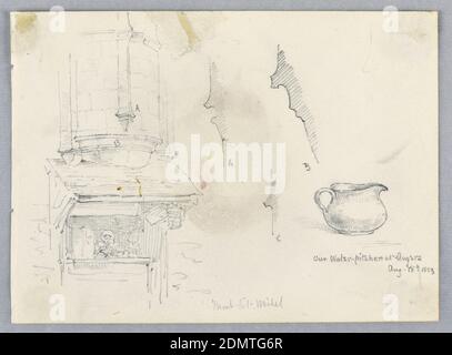 Détails architecturaux, Arnold William Brunner, cuisine américaine, 1857–1925, Graphite sur papier, Détails des supports en pierre, fenêtre avec une figure. Droite, pichet à eau, Etats-Unis, 1883, architecture, dessin Banque D'Images