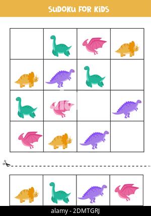 Sudoku jeu de puzzle pour les enfants. Feuille de travail avec de jolis dinosaures colorés. Illustration de Vecteur