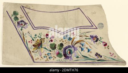 Design pour un gilet de costume, différentes gouaches sur papier, Design pour la broderie à la bordure d'un gilet de costume d'homme. Bords lilas. Un bouquet de fleurs se trouve sous la poche. Les creux s'élèvent du bord montant du gilet., France, 1780-1790, dessin Banque D'Images