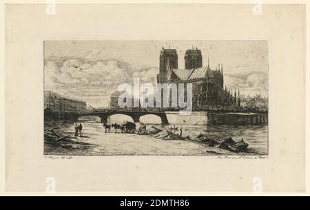 L'Abside de notre Dame de Paris (l'abside de notre Dame, Paris), Charles Meryon, Français, 1821–1868, Etching sur papier, vue de l'abside de la cathédrale notre Dame de Paris depuis les rives de la Seine. En premier plan sont de petits bateaux, un chariot, des chevaux et des figures. Au-delà se trouvent trois arches du Pont-au-Choux. L'ancien Hôtel Dieu, à gauche., Paris, France, 1854, Imprimer Banque D'Images