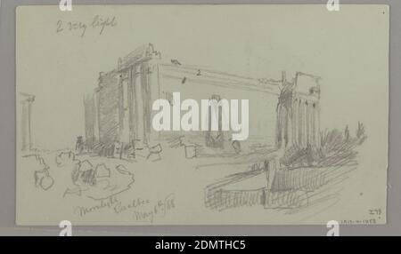 Détails architecturaux, Temple de Bacchus, Baalbek, église Frederic Edwin, américaine, 1826–1900, Graphite sur papier gris-vert, Recto: Croquis de deux colonnes et maçonnerie brisée; ci-dessous, une arche aveugle; Verso: Vue d'un temple vu du flanc., États-Unis, Syrie, 6 mai 1868, architecture, dessin Banque D'Images