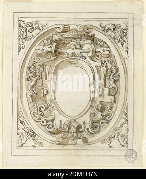 Design grotesque, charbon de bois, stylo et bistre, pinceau et laver sur papier, écuon ovale dans un cadre rectangulaire. Les spandrels montrent des digs et des oiseaux. Au centre, un cadre grotesque de masques, serpents et une grande couronne., Italie, début du XVIIe siècle, ornement, dessin Banque D'Images