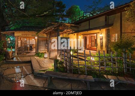 ueno, japan - november 10 2020: Traditional wooden architecture of the Japanese restaurant Inshotei meaning 'the manor of lingering sounds and pine tr Stock Photo