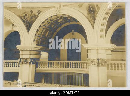 View of Central Chamber of the Roswell P. Flower Memorial Library, Watertown, New York: Pendentive Decorations, Printed on sensitized paper, Arch and two flanking arched segments show. Pendentives depict two figures each symbolizing leisure and industry., USA, 1904, architecture, interiors, Photograph, Photograph Stock Photo