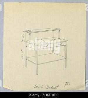 Design pour table de service avec deux tiroirs et tablette supérieure, A.N. Davenport Co., Graphite sur papier crème fin, partie supérieure rectangulaire avec deux tiroirs à l'avant, relevée sur 4 pieds coniques droits; tablette inférieure à mi-hauteur du plancher; tablette supérieure soutenue par un dosseret 2 supports de colonnes à l'avant., 1900–05, mobilier, dessin Banque D'Images