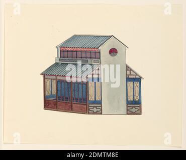 Design pour un pavillon chinois, Frederick Crace, anglais, 1779–1859, pinceau et aquarelle, gouache, stylo et encre noire sur papier, rectangle horizontal. Un design pour un pavillon sur le plan d'une basilique. Des panneaux de treillis remplissent les ouvertures. La structure est vue de l'arrière, en perspective., l'album original associé à cette collection existe toujours. Voir 1948-40-1 accessoire, Angleterre, 1815–22, architecture, dessin Banque D'Images