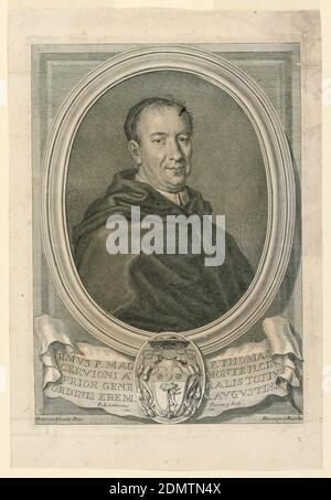 Portrait du Père Thomas Cervioni, Girolamo Rossi (de Rubeis) II, Italien, 1682 - 1762, Antonio David, Italien, actif à partir de 1694, gravure sur papier, portrait en demi-longueur en vue de trois quarts à droite. Le Père, un homme d'âge moyen, porte un crâne et une cape avec une cagoule. Portrait est dans un cadre ovale; ci-dessous, blason avec insciption., Italie, ca. 1750, Imprimer Banque D'Images