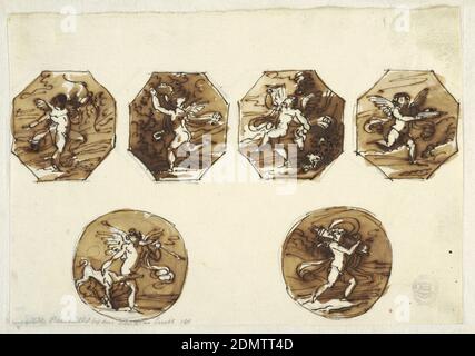 Putti dans quatre octagons et deux cercles, Felice Giani, italien, 1758–1823, encre de plume et brune, pinceau de savon brun sur la craie noire avec des traces de graphite sur papier blanc cousu, rectangle horizontal. Rangée supérieure : octodons montrant le premier puto avec l'arc et le quiver à l'arrière; deuxième puto fonctionnant avec la couronne; troisième puto dansant avec le bol et le pichet; quatrième puto courant et portant le plat. Ligne inférieure : cercles. À gauche, puto mâle avec lance et chien. À droite, le puto marche et porte le quiver sur l'épaule gauche. Toutes les représentations comprennent des paysages., Italie, 1810–20, architecture, intérieurs Banque D'Images