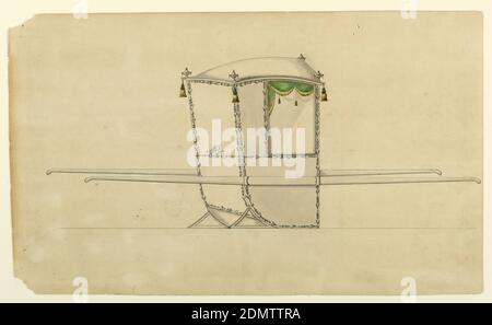 Design pour une chaise de berline, stylo et encre, pinceau et gris, jaune vert bleu aquarelles sur papier, montré à partir du coin arrière droit avec deux barres. Les urnes se tiennent sur, les glands pendent des coins du toit. Les guirlandes encadrez l'arrière et le côté latéral, sauf au-dessus et en dessous de la fenêtre. Les branches disposées horizontalement divisent ces panneaux à la hauteur sous le cadre inférieur de la fenêtre. Le monogramme A R est au-dessus d'eux à l'arrière., Londres, Angleterre, 1780–1800, mobilier, dessin Banque D'Images