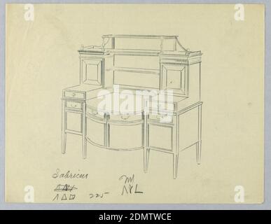 Design for Sideboard with Raised Side Cabinets and Upper Shelf, A.N. Davenport Co., Graphite on thin paper, Massive sideboard with six short tapering legs; lower tri-partite front has convex central section with two enclosed cupboard shelves topped by two drawers flanked by flat side cabinets extending above center front, each having closed cupboard shelf topped by two drawers; raised recessed cabinet with molded cornice joined at center by top shelf supported by extended back and two turned balusters at front. Three open shelves at equal intervals above lower center front., 1900–05, furniture Stock Photo