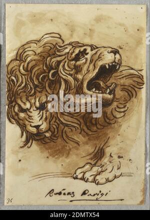 Two Lion's Heads, Felice Giani, italien, 1758–1823, stylo et encre brune, pinceau et savon brun, sur des traces de craie noire sur papier blanc, Italie, Italie, 1813–18, figures, folio de Carnet d'esquisses, folio de Carnet d'esquisses Banque D'Images