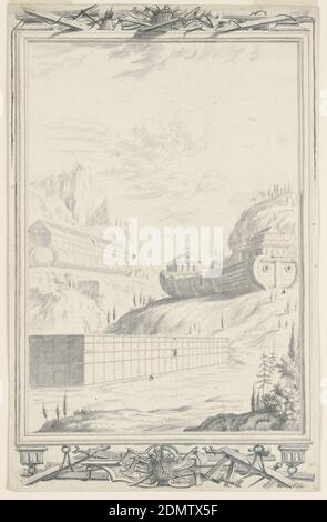 Etude pour l'Arche de Noé, planche 40, Physica Sacra, Johann Melchior Füssli, Suisse, 1677–1736, Christian Ulrich Wagner, allemand, 1686–1763, Brush et gris, lavage noir, stylo et encre noire sur papier crème, UN grand navire (Arche de Noah) est placé sur une colline au centre à gauche de l'image. Ci-dessous se trouve une grande structure rectangulaire et à droite se trouve un navire partiellement construit. La scène est entourée d'un cadre moulé élaboré, sur, au-dessus, et en dessous qui sont un ensemble d'outils de menuisier. La lettre D est écrite près de la grande structure rectangulaire, la lettre A est écrite Banque D'Images