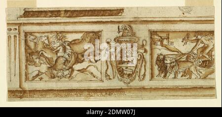 Freize avec chute de Phaeton, stylo et lavage brun, craie noire sur papier blanc posé, Moulures sont sur le dessus et le bas, un pilaster à gauche. Un blason flanqué de représentations oblongues: La chute de Phaeton à gauche; Cupidon dans un char dessiné par des lions à droite., Italie, Italie, 1570–1600, intérieurs, dessin Banque D'Images