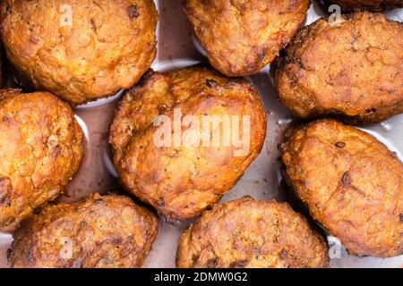 top view of cooked swedish meatballs with lingonberry sauce close up Stock Photo