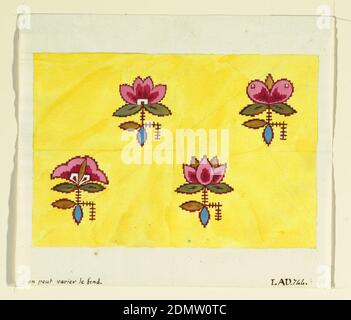Motif floral pour les textiles imprimés, Louis-Albert DuBois, Suisse, 1752–1818, fabrique de Fazy aux Bergues, pinceau et gouache, graphite sur papier blanc coulé, quatre fleurs stylisées rouges et roses avec tiges brunes en forme d'échelle sur sol jaune., France, 1800–1818, dessins textiles, dessin Banque D'Images