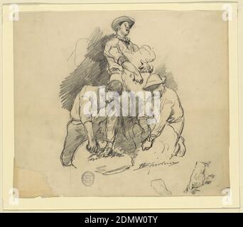 Trois hommes à un Sheep Shearing, Walter Shirlaw, américain, b. Écosse, 1838–1909, Graphite sur papier à feuilles de crème, deux hommes à genoux cisaillent des moutons; la figure centrale porte un mouton. Ci-dessous, à droite, étudie l'avant-bras droit et la main gauche de l'homme à droite, qui est en cisaillement., USA, ca. 1875, figures, dessin Banque D'Images