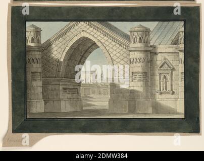 Stage Design, Arche gothique, encre de plume et de bistre, pinceau et lavage sur papier, rectangle horizontal. Arcade gothique donnant la place à la vue de l'église gothique en arrière-plan., Italie, début du XIXe siècle, théâtre, dessin Banque D'Images