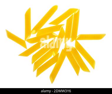 top view of handful of dried Penne Rigate (variety of italian short pasta) isolated on white background Stock Photo