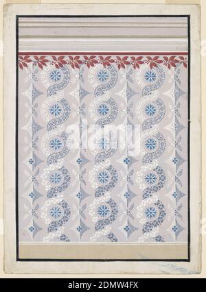 Design pour la décoration peinte d'un mur, pinceau et gouache, graphite sur papier, UN dado est montré ci-dessous, une entablature ci-dessus. Dans le panneau, alternent des lignes verticales, composées de rosettes de lozenge et de motifs pétale et mough, et de deux bandes montantes, entrelacées, qui forment respectivement de grands et petits cercles contenant des rosettes et des imprimés. Les pétales forment les bandes ci-dessous, les pétales sont encadrés par des perles au-dessus. Les bandes de gauche sont blanches, les bandes de droite sont sombres. Une guirlande de feuilles de Laurier et de graines sous une bande mauve est montrée sur le dessus, avec sa partie supérieure sur fond gris., Vienne, Autriche Banque D'Images