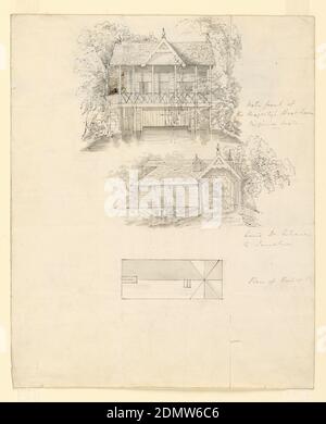 Boat House, Virginia Water; Verso: Schabrery, Virginia Water, Sir Jeffry Wyatville, Anglais, 1766 – 1840, stylo et encre noire et marron, brosse et lavage gris sur papier vélin blanc cassé, rectangle vertical. Une vue sur la maison de bateau depuis l'eau; une vue sur l'entrée par terre, et un plan de toit. Verso : vue sur la sellerie depuis l'eau et plan de toit de la sellerie., Angleterre, 1825, architecture, dessin Banque D'Images